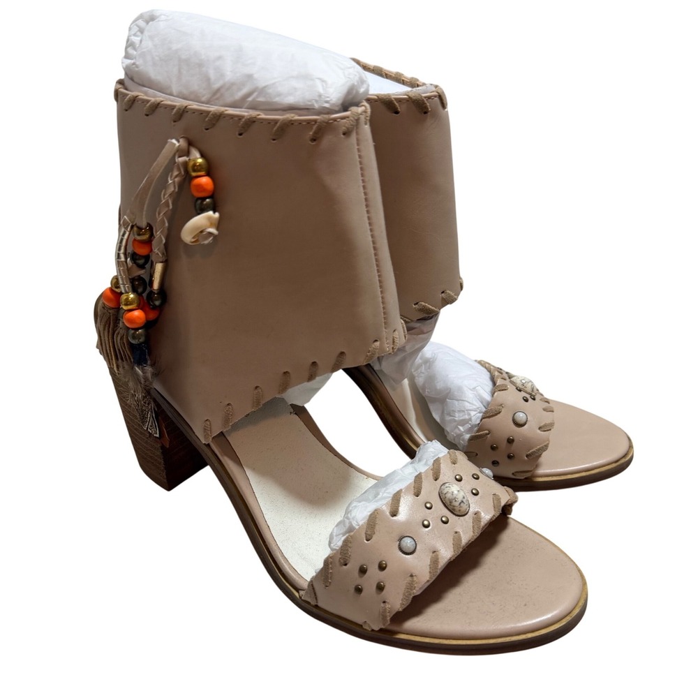 Very Volatile Women Tan Boho Studded Beaded Tassel Block Heel Sandals Size 9